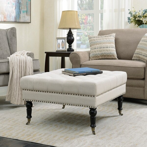 Belleze 33 inch Ottoman Foot Rest Bench with Rolling Wheels Padded Support Stylish Button Tufted Fabric Beige