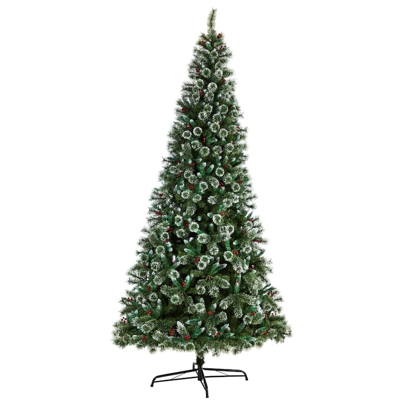 10ft Artificial Christmas Tree Prelit Swiss Pine Frosted Holiday Tree with Lights & Stand - Green - 120