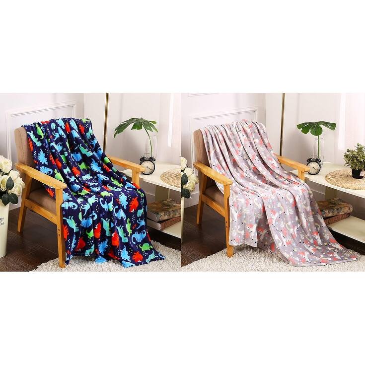 Decor&More Boy's and Girl's Set of 2 Plush Fleece Throw Blanket (50" x 60") - Dinos and Unicorns - Throw