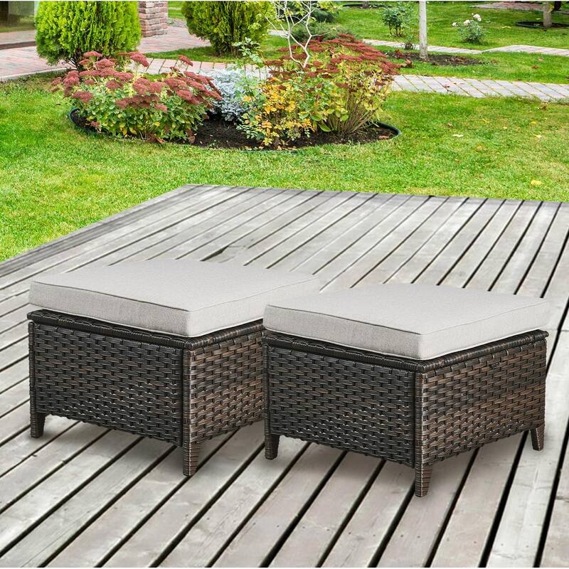Gymojoy Outdoor Durable Wicker Ottomans with Olefin Cushions - 2-Piece - Brown Wicker / Beige Cusion