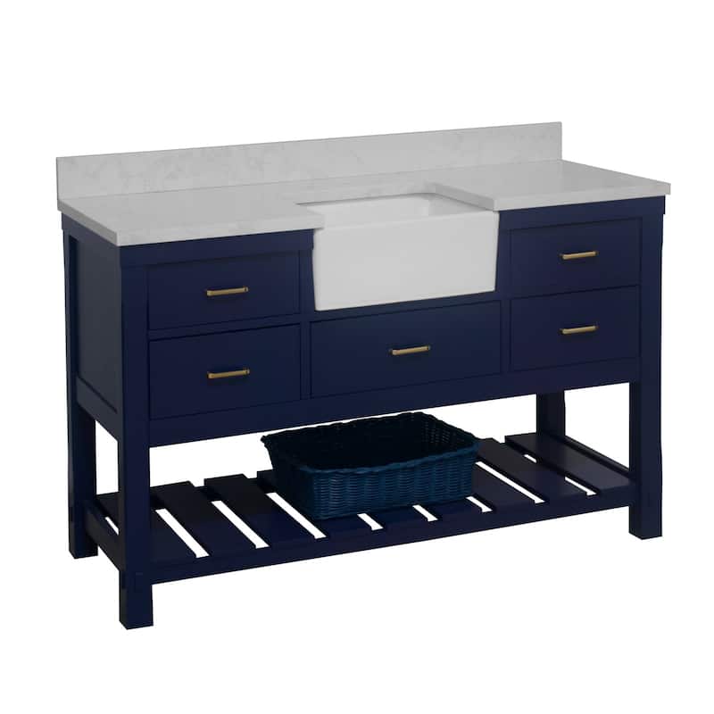 KitchenBathCollection Charlotte 60" Single Farmhouse Bathroom Vanity with Engineered Carrara Top - Royal Blue
