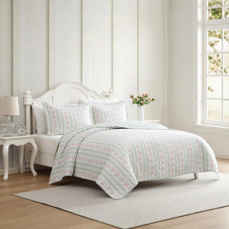 Laura Ashley Rosebud Stripe Cotton Reversible Green Quilt Set