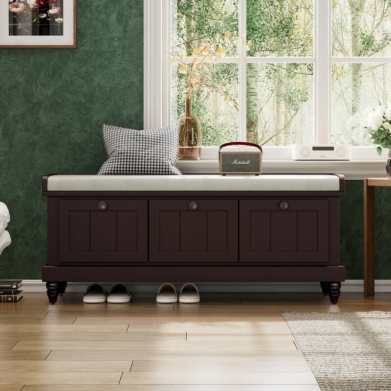 Classic Shoe Bench with Cushion and Three Drawers, Fluted Entryway Bench with Storage for Living Room - Espresso