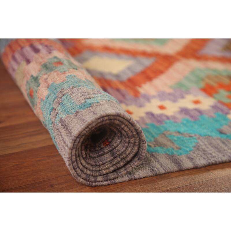 Hand Woven Oriental 100% Wool Carpet Southwestern Geometric Oranges & Rust Kilim Area Rug - 9' 11'' X 6' 10''