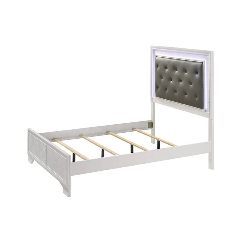 Lise Full Size Bed, Gray Fabric Upholstery, LED Lit, Modern White Wood