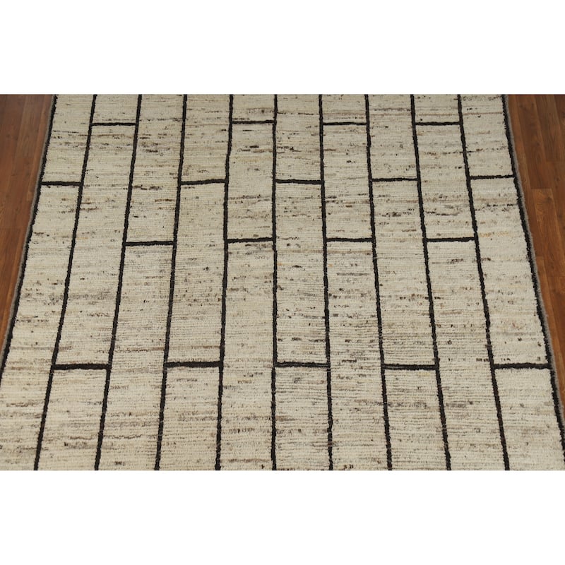Geometric Moroccan Area Rug Hand-Knotted Beige Wool Carpet - 7'0" x 9'9"