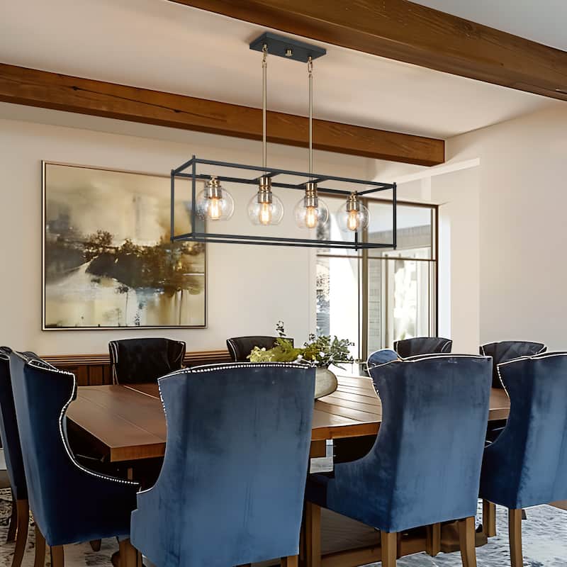 Iain Modern 4-Light Black Gold Chandelier Metal With Seeded Glass Shades Rectangle Kitchen Island Lights for Dining Room