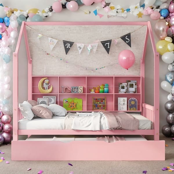 slide 2 of 13, Modern Full Size House Bed Kids Bed with Trundle and Shelf,Solid Construction