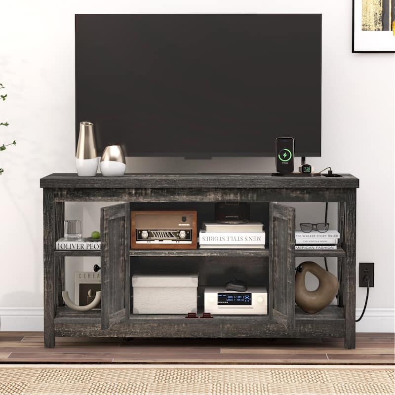 Moasis 47" Farmhouse TV Stand with Built-in Power Outlet, Entertainment Center with Storage for Living Room