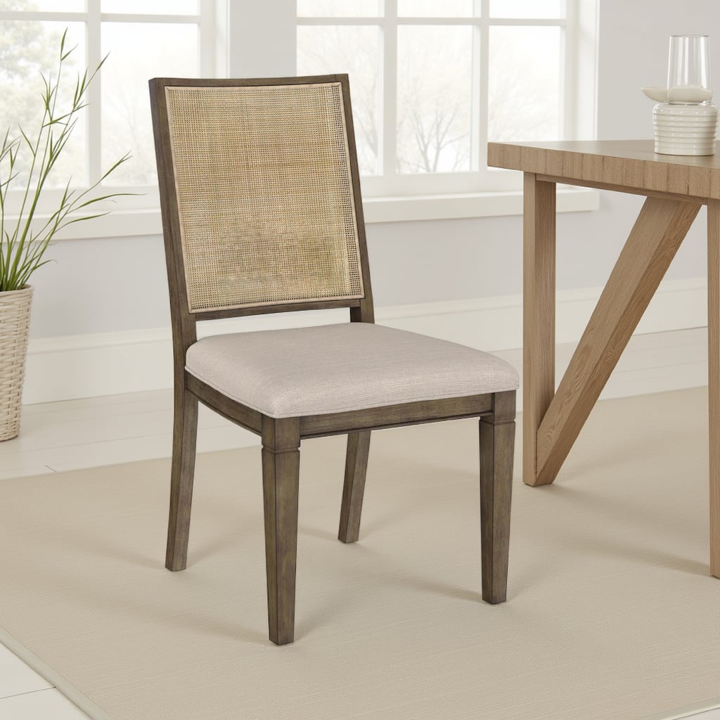 Andy Dining Side Chair Set of 2, Woven Rattan, Gray Fabric, Brown Wood