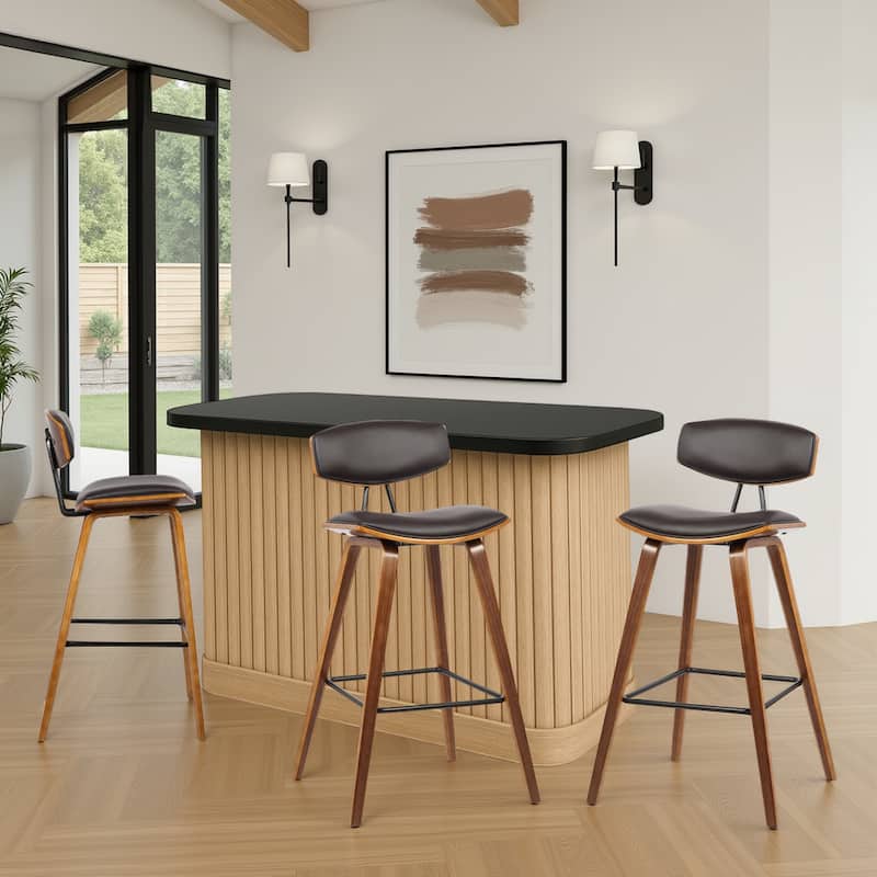 Fox Mid-Century Bar Stool, Upholstered Counter Height Chair with Bentwood Legs - Set of 3 - Brown & Walnut - Bar Height