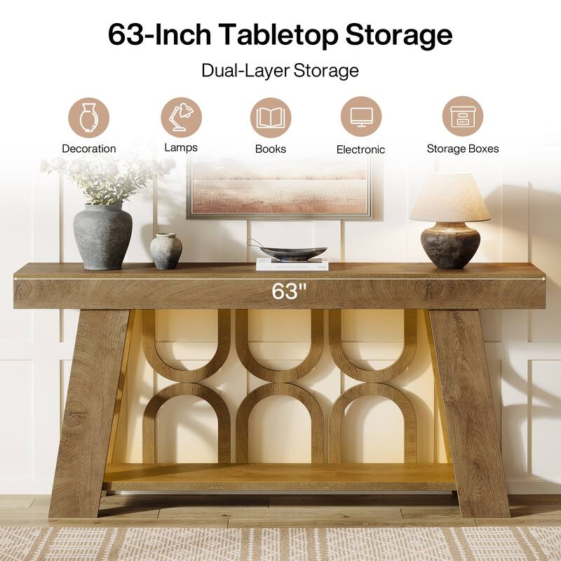 63" Console Table with Arched Legs, 2-Tier Farmhouse Entryway Table