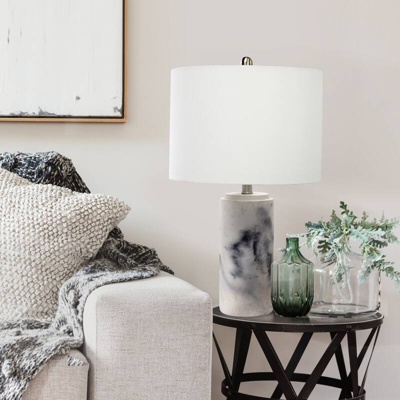 Marble Table Lamp with Fabric Shade - Modern Lamp for Living Room, Bedroom - 5ft Cord Included