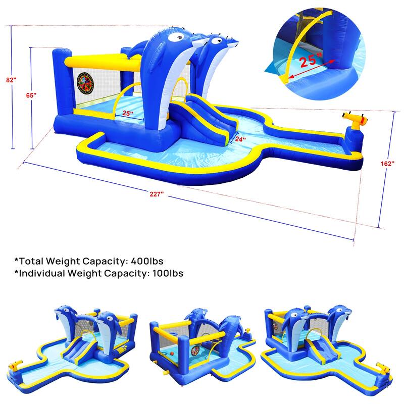8-in-1 Inflatable Water Park with Slide,Splash Pool,Water Guns, Basketball Hoop & Climbing Wall - Includes ETL-Certified Blower