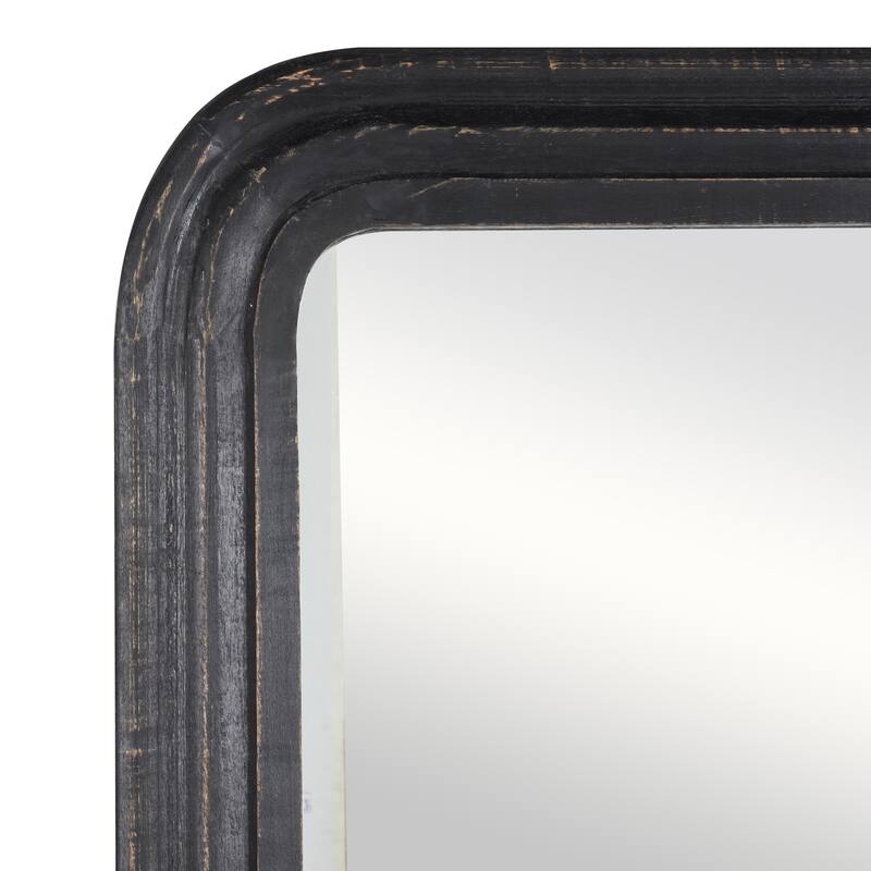 Black Mango Wood Distressed Room Floor Mirror with Carved Grooves