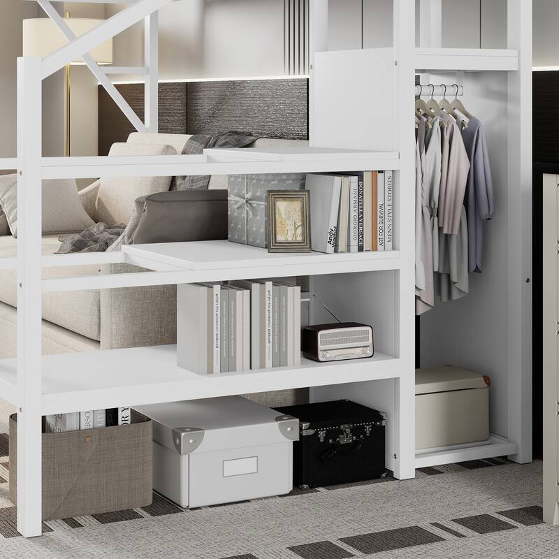 Twin XL Size Loft Bed with Stairs, Metal Full Loft Bed with Storage Shelves, High Loft Bed with Wardrobe for Kids Teens