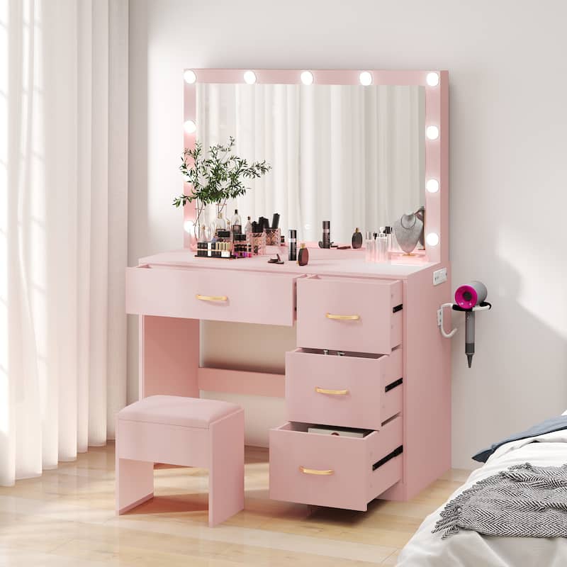 35.4" Mirror Makeup Vanity Table with Stool and Light Bulb - 35.4''L x 15.7''W x 53.5''H - Pink
