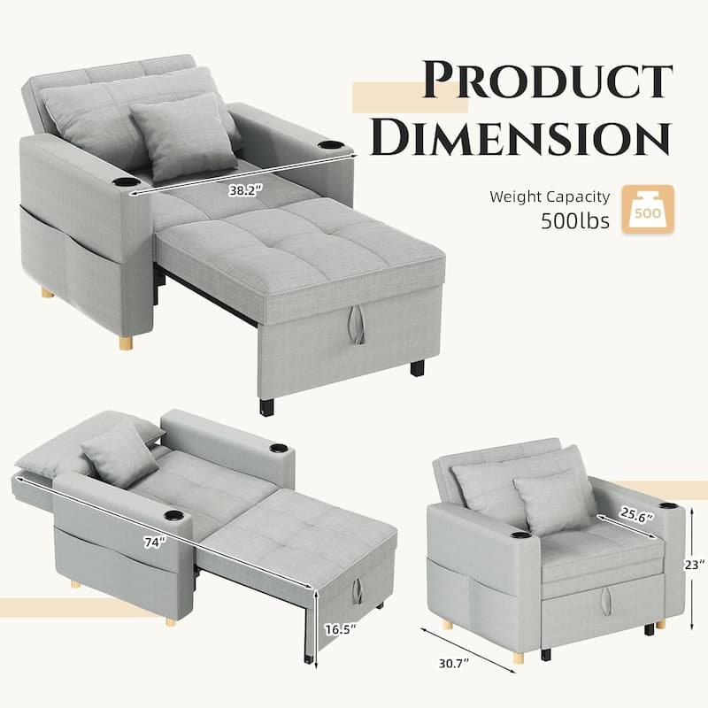AECOJOY Sleeper Chair Extra Wide Convertible Chair Bed 3-in-1 Pull Out Single Sofa