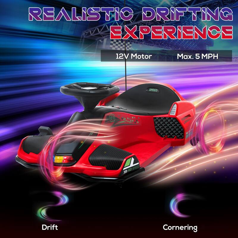 Aosom 12V Electric Go Kart, 5 MPH Drifting Car Battery Powered Ride on Toy Outdoor with Slow Start, Music, Colorful Lights
