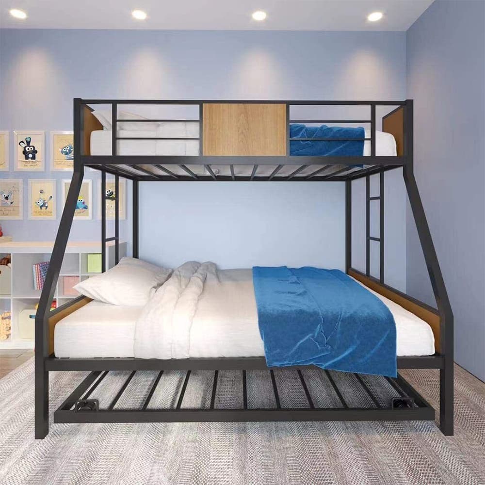 Heavy Duty Metal Twin Over Full Bunk Bed Trundle Bed Bedroom Black