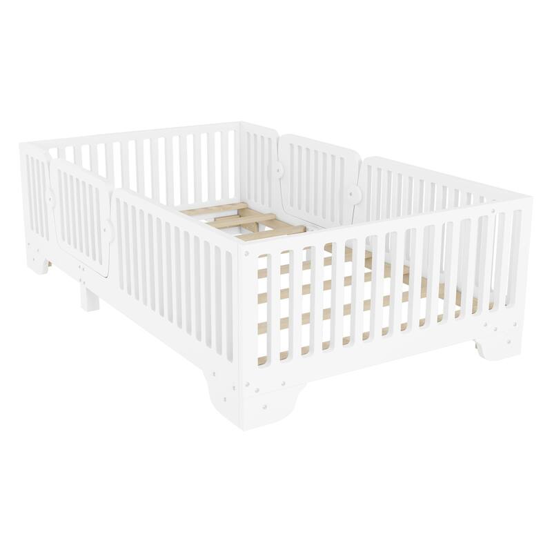 Montessori Floor Bed with Detachable Door, No Box Spring Needed, Kids Platform Bed with Slats and Fence