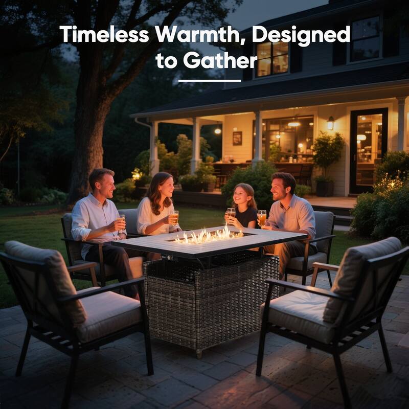 Outdoor 4 Swivel Chairs with Grey Wicker Fire Pit Table - 4PCS Brown Wicker Chairs w/ Grey Wicker Fire Table