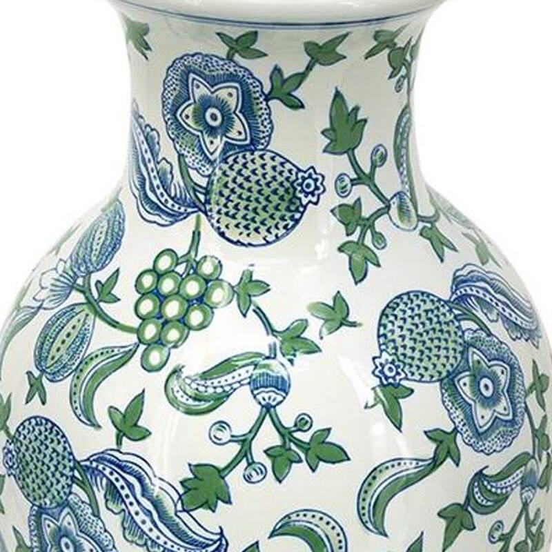 19" White Blue And Green Floral Urn Porcelain Table Vase - 9.30