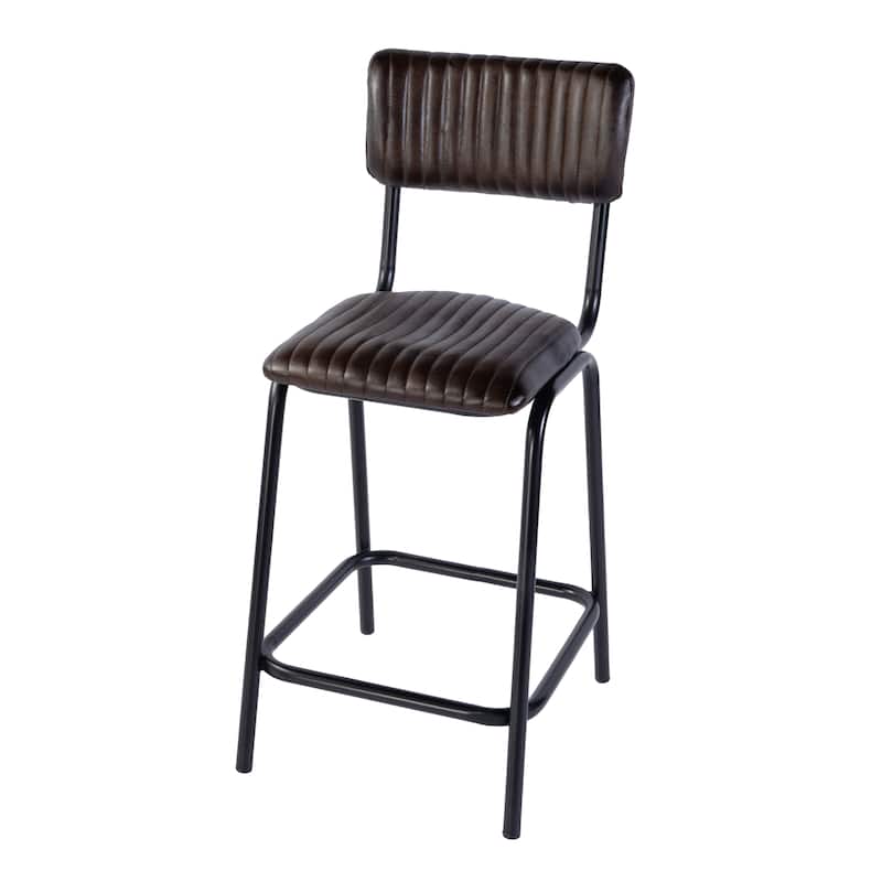 Waylon 31 in. Seat Height Leather and Iron Bar Height Stool with Back and Footrest - Brown