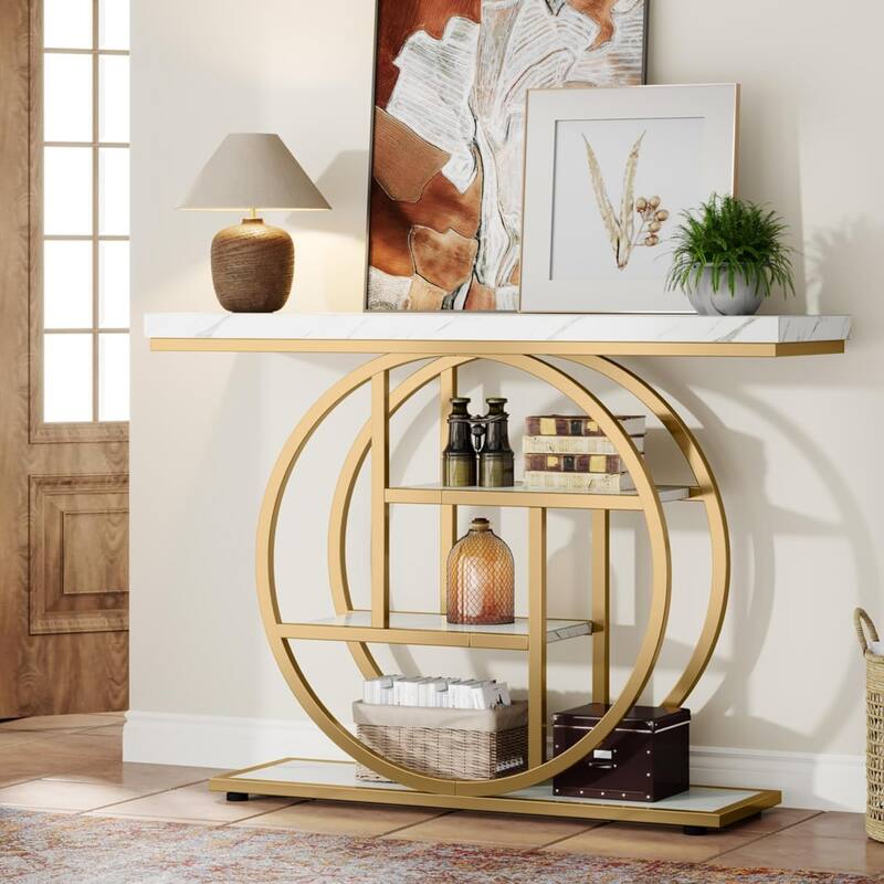 41.3" Console Table, Industrial 4-Tier Entryway Table with Circle Base - 41.3" W x 11.8" D x 31.5" H