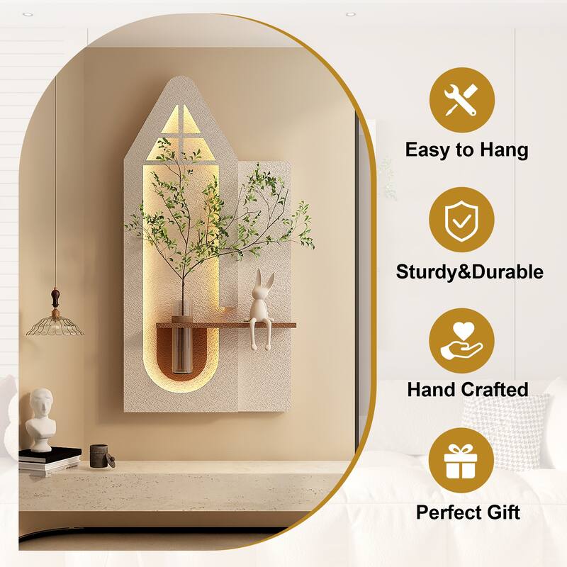 Adjustable 3-Color LED Sandstone Wall Decor with Simulated Green Plants - 3D Art Sculpture, Glass Vase & Rabbit Statue