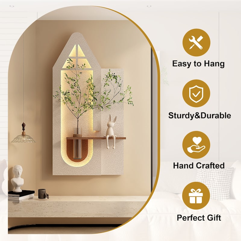 Roomfitters LED Sandstone Wall Art with 3D Vase, 3 Color Light Strip & Fake Rabbit Statue for Living Room, Light Coffee