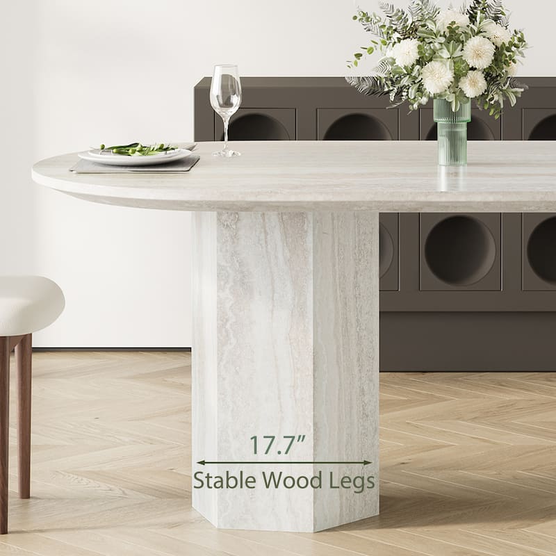71" Modern Oval Wood Dining Table For 6 With Travertine Texture, Beige Kitchen Table With Bouble Pedestal