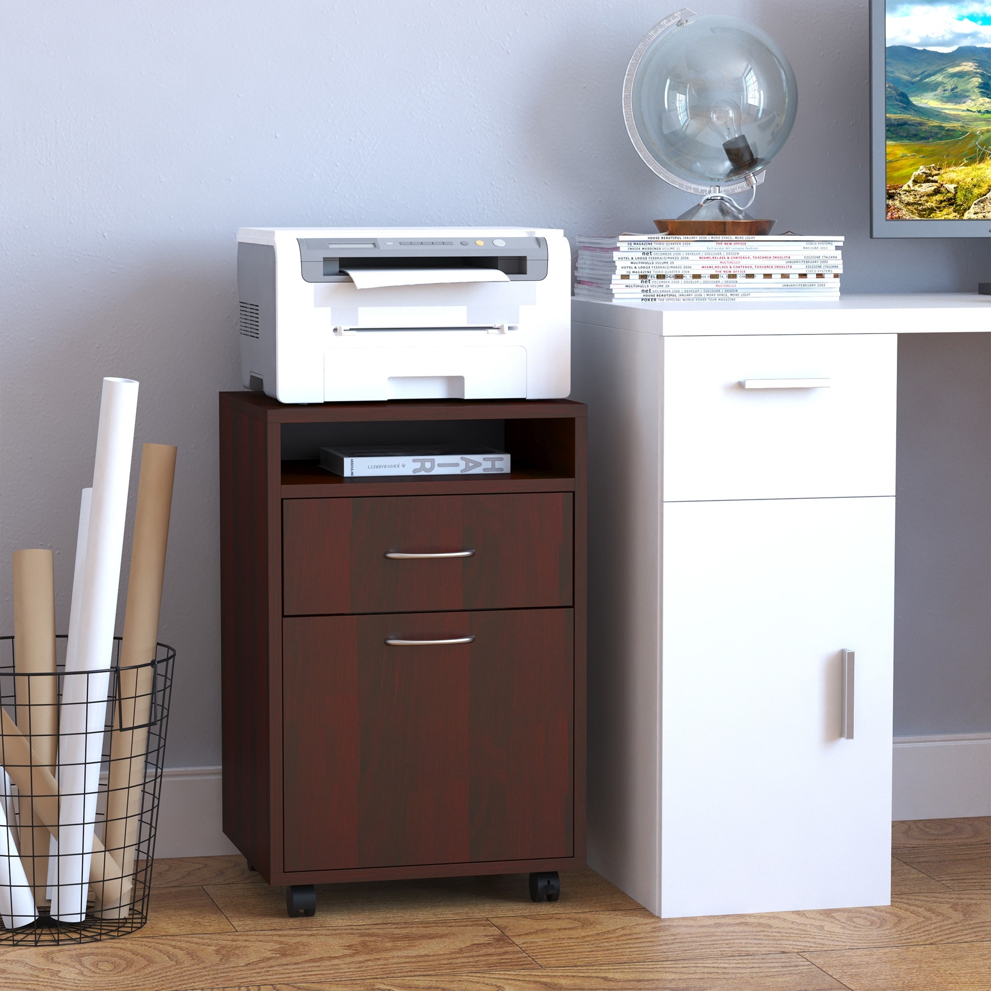HomCom 24" Mobile Printer Cart with 2 Drawers, Brown - 15.7*13.8*23.6