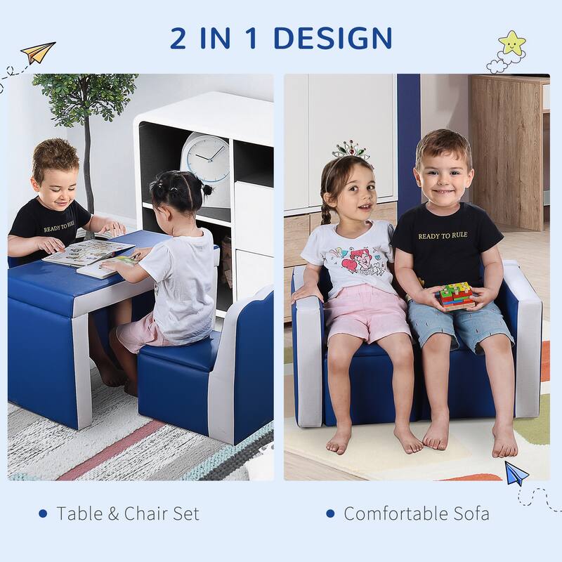 Qaba Kids Sofa 2-in-1 Multi-Functional Table Chair Set 2 Seat Couch Storage Box Soft Sturdy