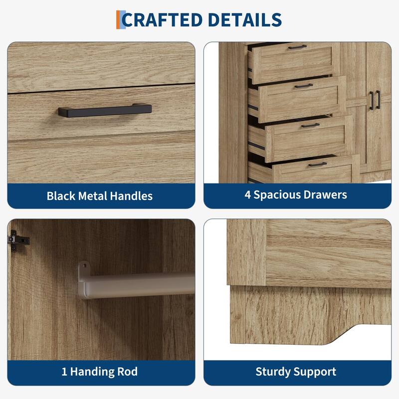 43.3" Armoire Wardrobe Closet with 4 Drawers & 2 Doors, Hanging Rod, Compact Wooden Storage Cabinet for Bedroom