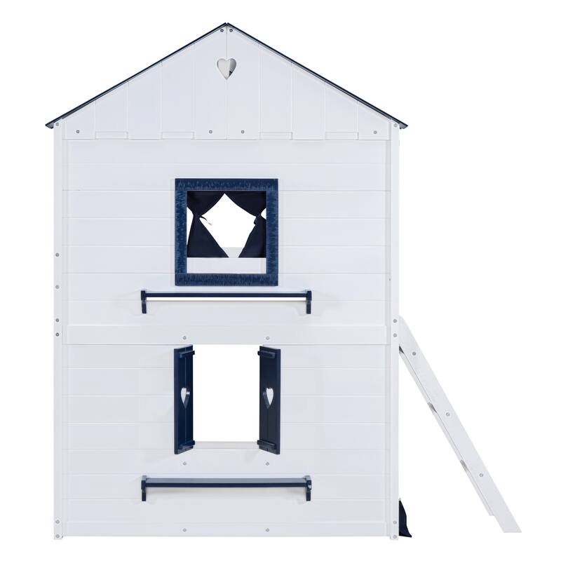Full Size Wooden Bunk Bed with Elegant Windows and Tent Design, Blue and White