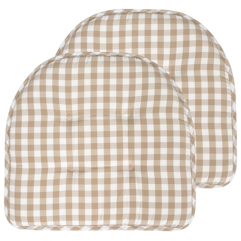 Sweet Home Collection Checkered Buffalo Check U-Shaped Memory Foam Chair Cushions 17" x 16" - Set of 2 - Taupe White