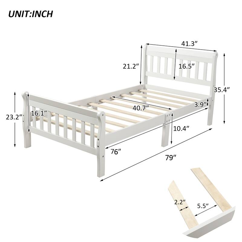 Twin Size Platform Bed Solid Wood Sleigh Bed Frame with Hollow Designed Headboard, Footboard and Wood Slat Support