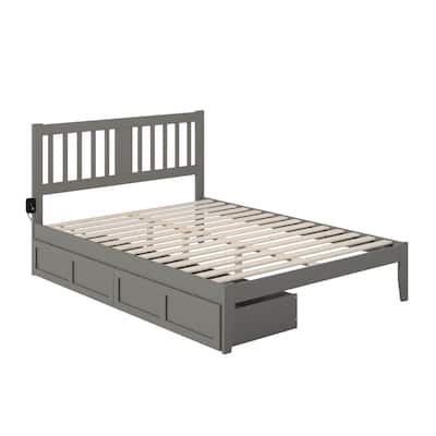 Bed with USB Charger & Drawers - Solid Wood Platform Bed - Grey Inspired Design
