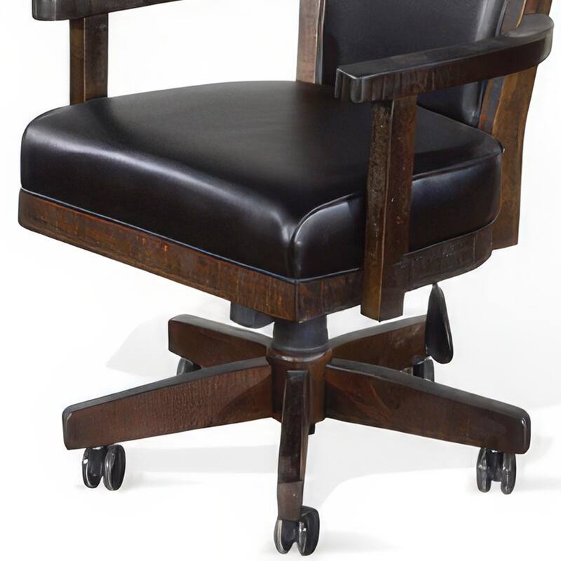Flint Rolling Swivel Game Chair, Black Faux Leather, Dark Brown Wood