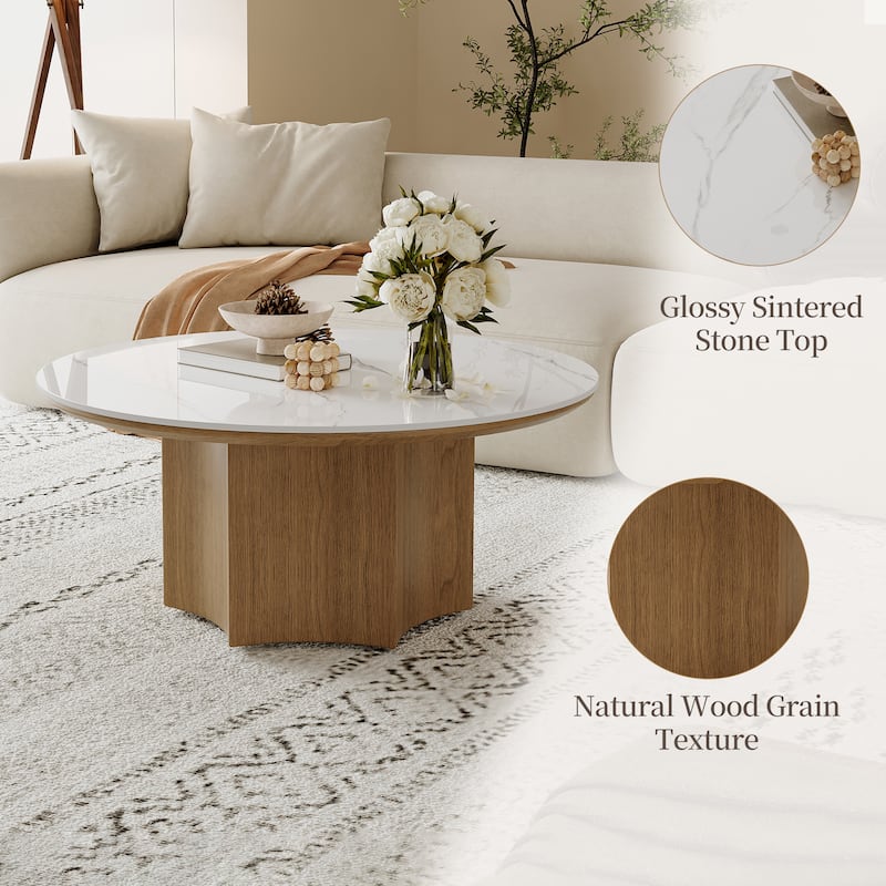 Mid-century Modern Coffee Table,35.43" With White Sintered Stone Table Top, Solid Wood Legs