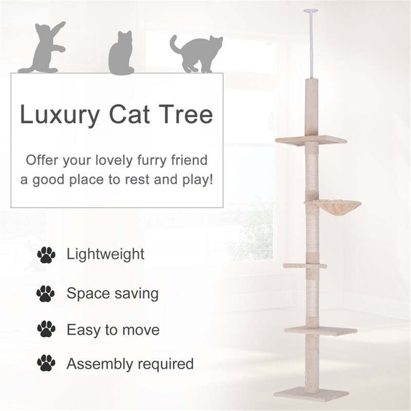 Durable Cat Tree with Plush Covers, Adjustable Height, and Safety Tension Rod - 90.5'' to 102.25