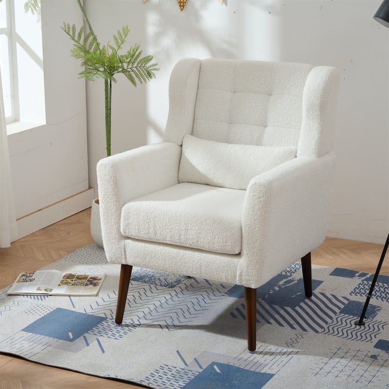 Clearance Sale Modern Accent Chair, Teddy Fabric Living Room Lounge Chairs with Wooden Legs Accent Chairs, White