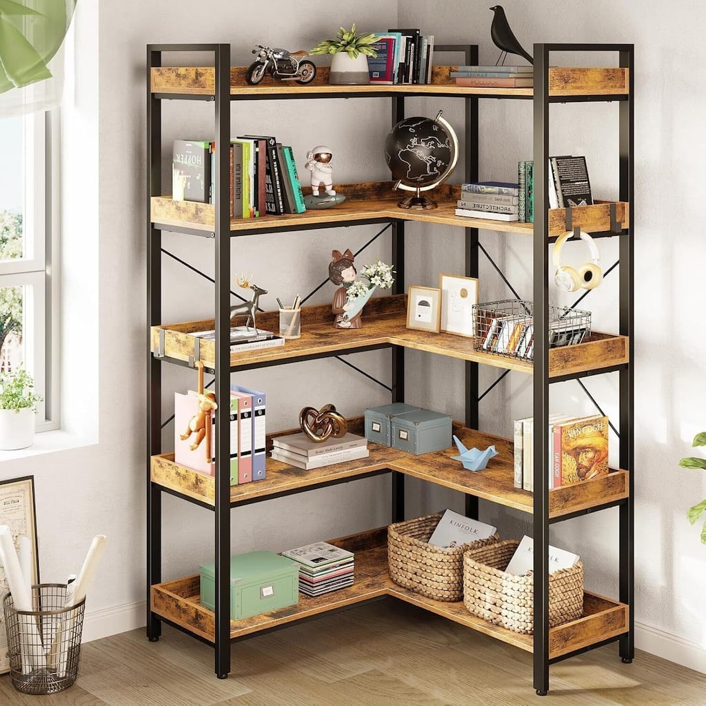 5 Tier Modern Industrial Wood Bookcase, Corner Bookshelf for Living Room, Bedroom