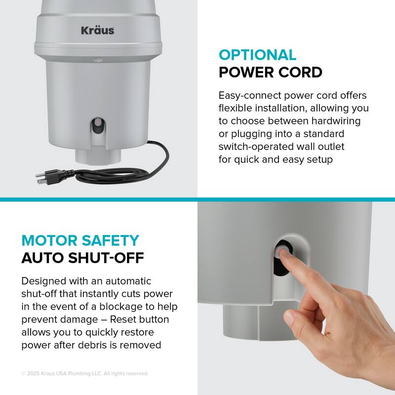 Kraus KWD201-100 WasteGuard 1 HP Continuous Garbage Disposal - Matte Cool Grey