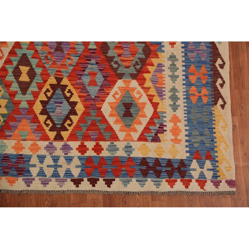 Geometric Kilim Oriental Area Rug Hand-Woven Wool Carpet - 8'5"x 11'5"