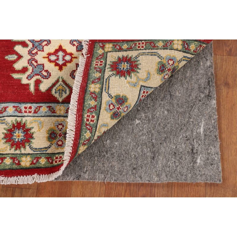 Red Geometric Kazak Foyer Rug Hand-Knotted Wool Carpet - 2'10" x 4'2"