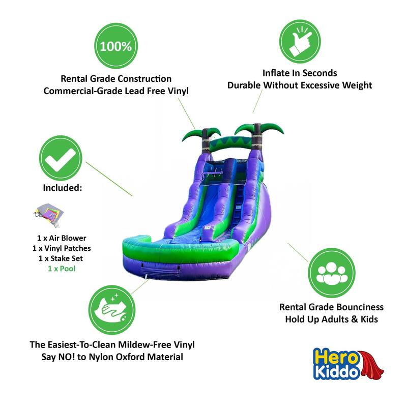 HeroKiddo 16' Purple Tropical Commercial Grade Inflatable Water Slide with Attached Pool & Air Blower Included, Kids Outdoor Fun