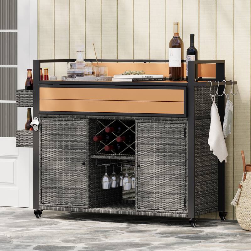 52.8"W Wicker Outdoor Grill Cart with Extended Plastic Wood Table Top & Storage Cabinet