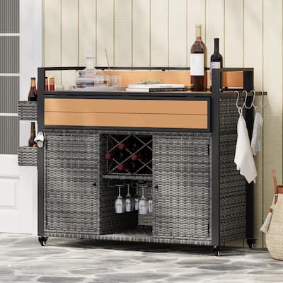 Wicker Storage Cabinet, Movable Rolling Kitchen Island with Extended Plastic Wood Table Top, Storage Cabinet & Side Storage Rack